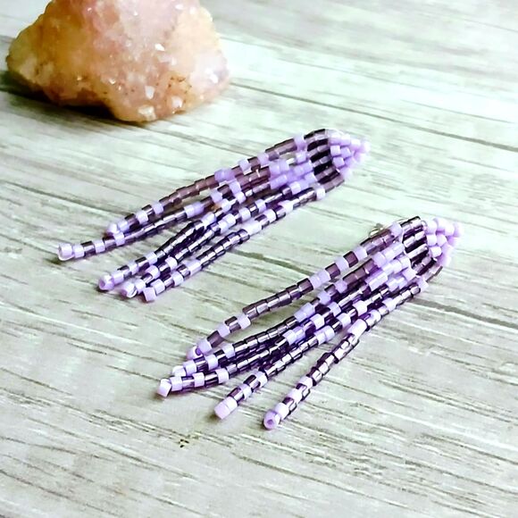 Beaded Fringe Stud Earrings, Seed Bead Jewelry, Purple Dangle Studs, 2" - Picture 2 of 5